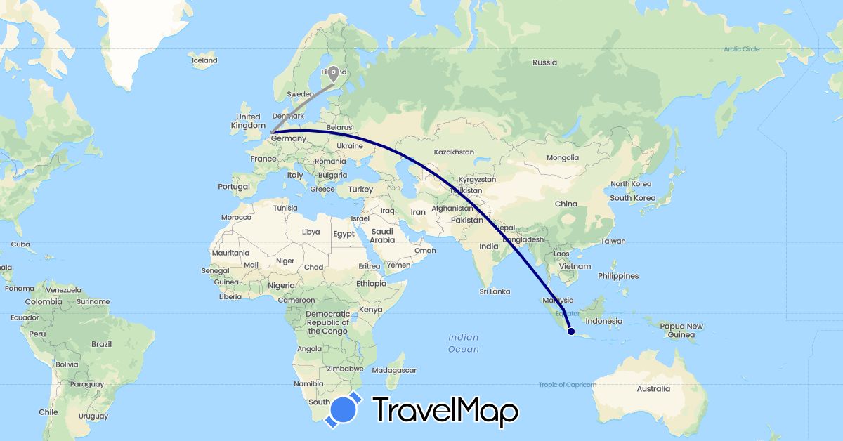 TravelMap itinerary: driving, plane in Finland, Indonesia, Netherlands, Singapore (Asia, Europe)